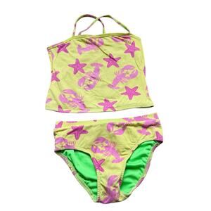 Girls 6X Corky's Kids Yellow Pink Green Starfish Lobster Tankini Lined Swimsuit